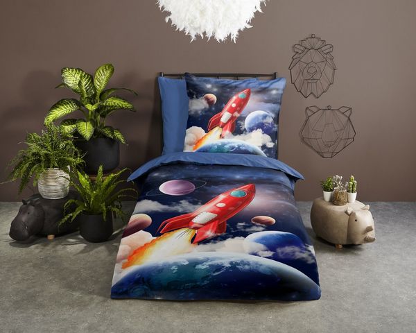 PURE luxury collection Kinderbettwäsche Rocket, Microfaser, 2 teilig, Mikrofaser, 135x200, Wende, Kind, Junge, Rakete Weltraum Weltall, Blau