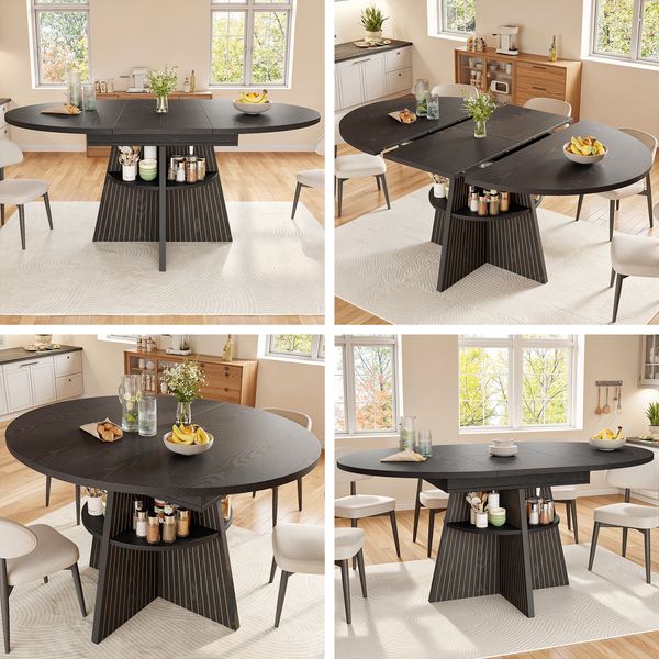 Esstisch Ausziehbarer 110-150×110×76 cm aus MDF und Metall mit Säulenfüßen und unterer Ablage, schwarz