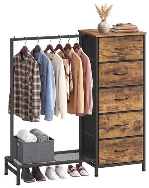 SONGMICS 3-in-1 Garderobenständer mit 5 Schubladen und Kleiderstange, 96,2 x 30 x 117,7 cm, Tan
