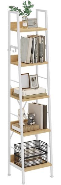 YITAHOME Bücherregal mit 5 Ebenen, industrielles Leiterregal, freistehendes Bücherregale, Holzregale und Metallrahmen, Standregal, modernes Regal für Wohnzimmer, Flur, Büro, Weiß und Eiche