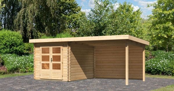 Gartenhaus Bastrup 4 - 520x297 cm mit Anbaudach 3,00 m mit Rückwand, 28 mm Holz naturbelassen, Karibu