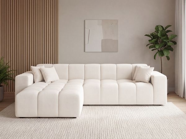 GRAINGOLD Ecksofa Loopo, Couch L-Form mit Wellenfeder, Velour-Stoff, Creme, Links
