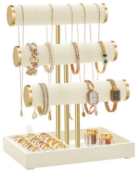 SONGMICS Schmuckhalter, Schmuckständer, 3 Armbandhalter, Schmuck-Organizer, mit Tablett aus Samt, mit Ringhalter, weiß-gold