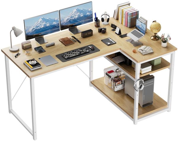 JUMMICO Eck-Computertisch L-förmig mit Stauraum, umkehrbarem Regal und Arbeitsstation, Beige, 140x80 cm
