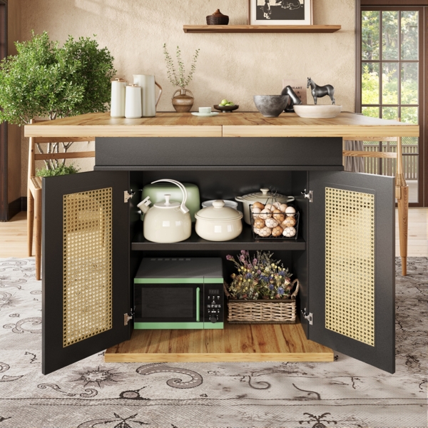 Ausziehbarer Esstisch 110-140x80x75 cm MDF Metall Rattan Stauraum Multifunktional,Schwarz & Natur