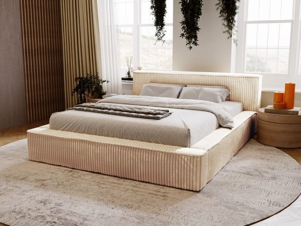 GRAINGOLD Lago Bett 160x200, Polsterbett mit Bettkasten und Kopfteil, Fell-Stoff, Beige