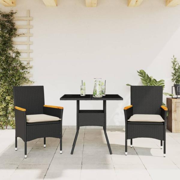 vidaXL 3-tlg. Garten-Essgruppe mit Kissen Schwarz Poly Rattan Glas 3278703