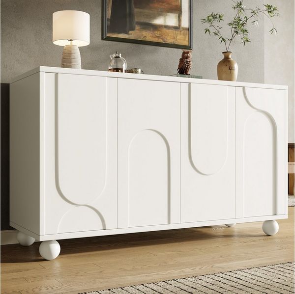 Flieks Mehrzweckschrank (1-St, 120×35×71cm, Kiefernholzbeine) Wohnzimmerschrank mit 4 Türen Sideboard Kommode Cremeweiß