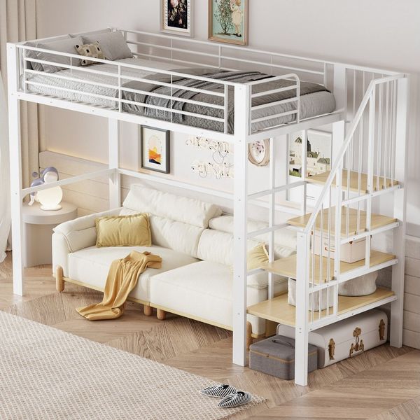 Flieks Hochbett Metallbett Kinderbett 90x200cm mit großen Stauraum und Treppe