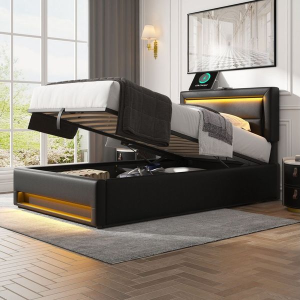 Flieks Polsterbett, LED Einzelbett 90x190 cm mit USB-Anschluss und hydraulischem Stauraum