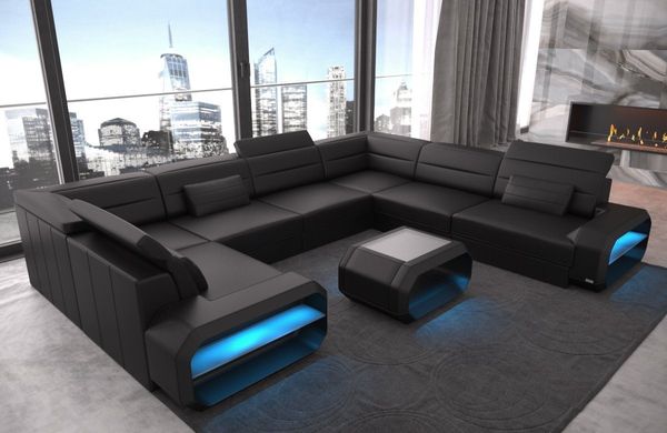 Sofa Dreams Wohnlandschaft Leder Sofa Verona U Form Ledercouch Ledersofa, Couch, mit LED, wahlweise mit Bettfunktion als Schlafsofa, Designersofa