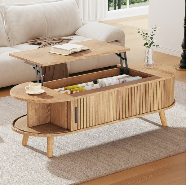 Merax Couchtisch anhebbarer Sofatisch mit Liftfunktion im Walnuss-Design (1-St, 120x50x39,5cm), Wohnzimmertisch mit verstecktem Stauraum, 5 Ablagefächern & Holzbeinen