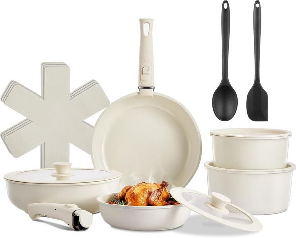 FOHERE Topf-Set Kochgeschirr-Set mit abnehmbaren Griff, Keramik (Set, 17-tlg), für alle Herdarten, mit stapelbarem Design