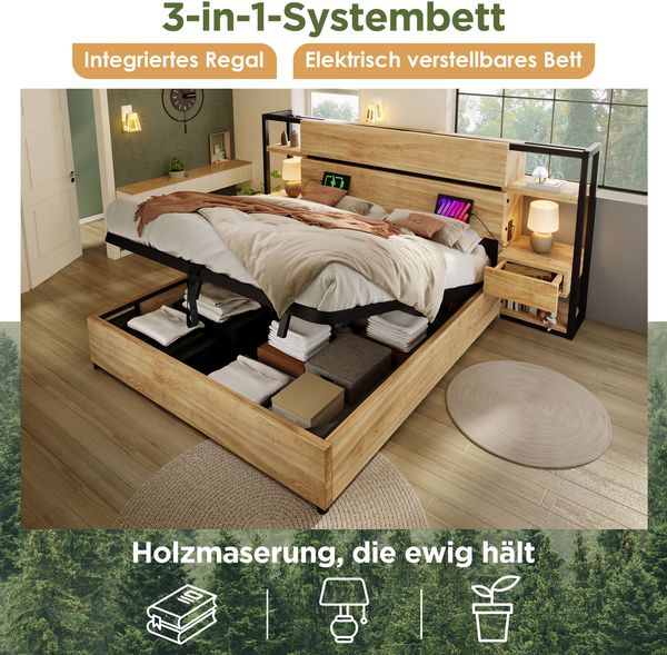 Holzbett Doppelbett 180 x 200cm, Hydraulisches Stauraumbett, Stauraum-Kopfteil mit Schubladen und USB&Type-C Ladeanschluss, Bettrahmen mit Holzlatten, Eichenfarbe (Ohne Matratze). Bild 3