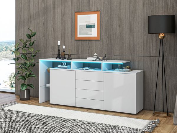Sideboard Kommode aus Spanplatte mit LED-Beleuchtung, 4 Schubladen & 2 Push-to-Open-Türen, 160x35x70 cm, Weiß
