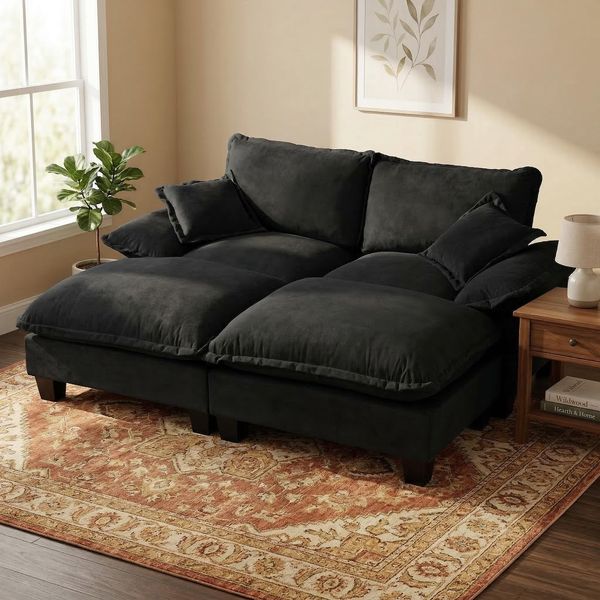 Ecksofa aus Chenille 194x155x90 cm mit 2 Ottomanen-Modul, schwarz