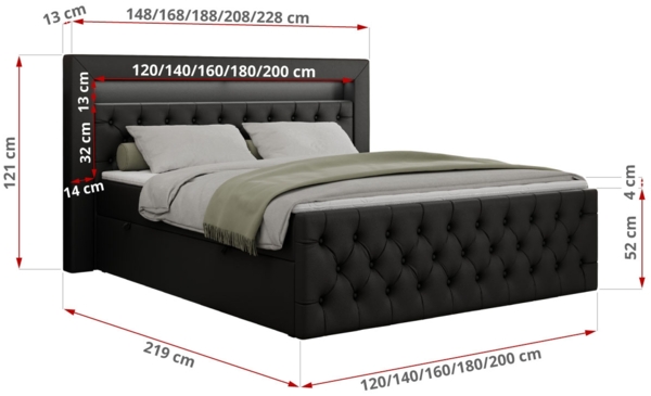 Boxspringbett, Stauraumbett mit Bettkasten, LED - GOLD-9 - 140x200cm - Schwarz Kunstleder - H4 Bild 5