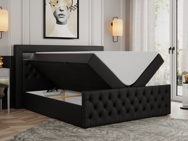 Boxspringbett, Stauraumbett mit Bettkasten, LED - GOLD-9 - 140x200cm - Schwarz Kunstleder - H4 Bild 2