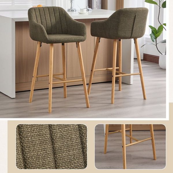 BlingBin Barhocker Küchenstühle Bistrohocker mit hoher Rückenlehne und Armlehnen (2er-Set, 1 St, 58,5 x 55 x 104 cm Bequeme Leinen-Sitze, stabile Holzbeine), mit Leinen bezogenen Sitzen und Holzbeinen, für Küchen, Kücheninseln