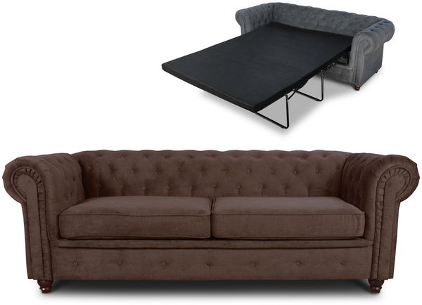 Schlafsofa Chesterfield Asti Bis 3-Sitzer, Sofa mit Schlaffunktion, Couch 3-er, Couchgarnitur, Sofagarnitur, Holzfüße - Glamour Design (Braun (Capri 45))
