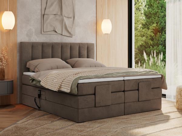 Boxspringbett mit elektrisch verstellbaren Matratzen, zwei Bettkästen und einem Topper - COMFORTO - 200x200 cm - Braun Velvet - H4