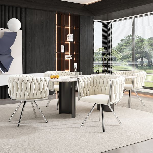 Esszimmerstuhl-Set aus 4, Samt mit 360°-Drehfunktion & Metallgestell, 54x59x72, Beige/Silber