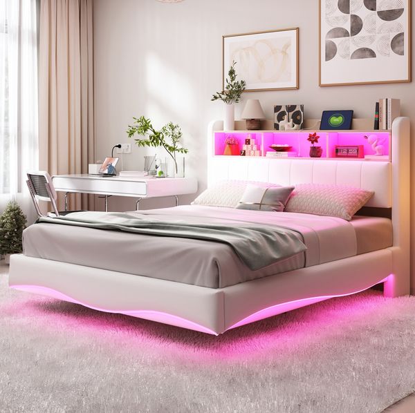 Beiges Schwebebett 140x200 cm Mit LED Beleuchtung Und USB Type C Anschlüssen Doppelbett Mit Stauraum Modernes Design 250 Kg Tragkraft