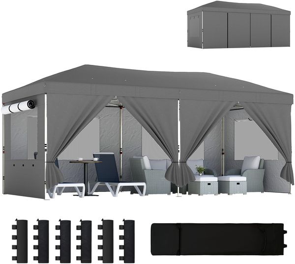 Faltbarer Pavillon 3x6 m mit 6 Seitenwänden, Taschen und Heringen, aus Metall und Oxford-Gewebe, dunkelgrau