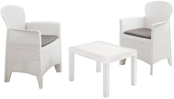 Dmora Outdoor-Lounge-Set Aneta, Gartenkomposition mit 2 Sesseln und 1 Couchtisch, Lounge in Rattan-Optik mit Kissen, 100 % Made in Italy, Weiß