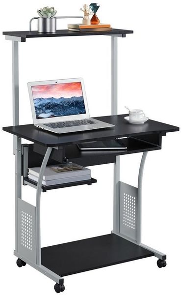 Yaheetech Schreibtisch mit Druckerregal Computertisch schwarz PC Tisch mit 4 Rollen, Holzwerkstoff Schwarz, 80 x 50 x 132 cm