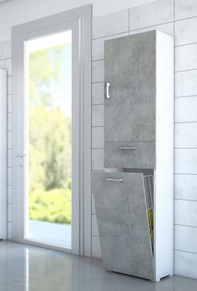 Dmora Mehrzweckschrank mit 2 Türen Aryanne, linearer Wäscheschrank mit 2 Türen, Badezimmersäule mit Wäschekorb, 100 % Made in Italy, 45 x 32 x 195 cm, Zement und Weiß, Bild 2