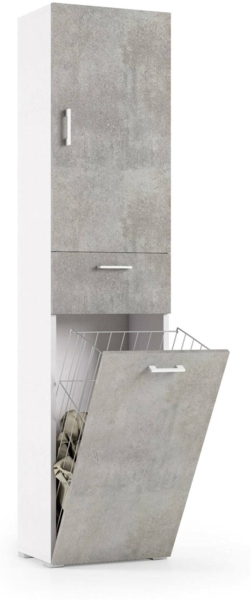 Dmora Mehrzweckschrank mit 2 Türen Aryanne, linearer Wäscheschrank mit 2 Türen, Badezimmersäule mit Wäschekorb, 100 % Made in Italy, 45 x 32 x 195 cm, Zement und Weiß, Bild 1
