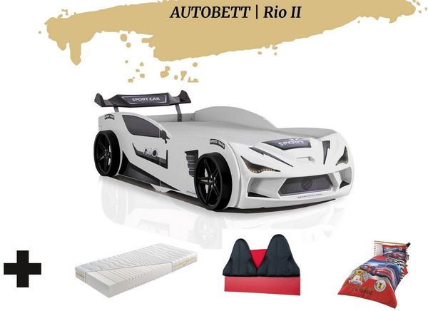 Aileenstore Autobett Rio II (4 teilig), Kinderbett 90x200 cm, inkl. Lattenrost, Heckspoiler LED-Beleuchtung