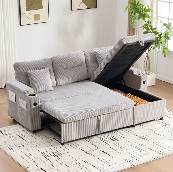 3-Sitzer Sofa aus Cord mit Schlaffunktion & Stauraum, 212,5 x 136 x 86 cm, Hellgrau