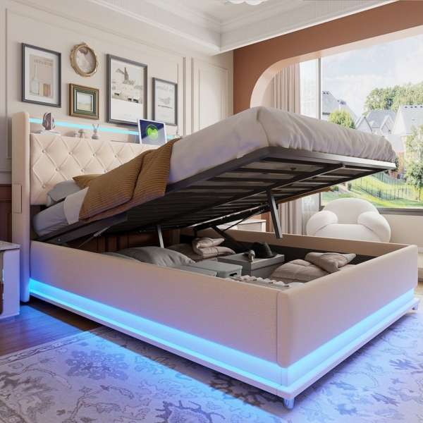 Merax Polsterbett mit LED-Beleuchtung & USB-Ladeanschluss (1-tlg, Hydraulisches Stauraumbett Mehrzweckbett Jugendbett), Doppelbett 140x200cm mit hydraulischem Stauraum & Regal, Leinenstoff