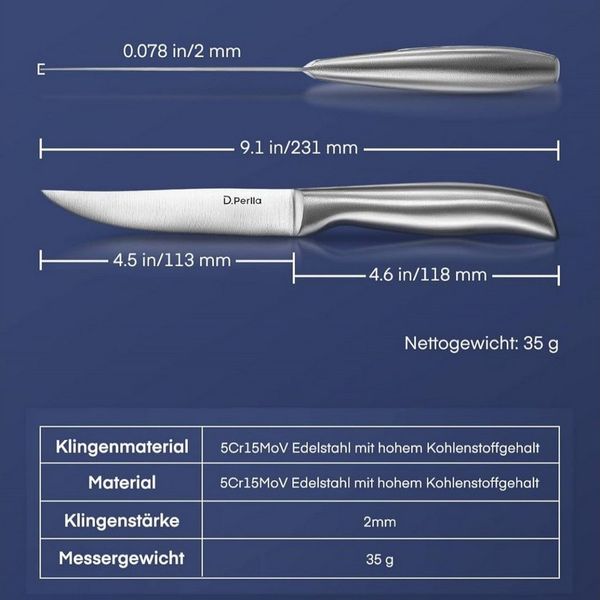 D.Perlla Steakmesser Steakmesser-Set mit gerader Schneide, 8 Stück (8 Stück), mit ergonomischem Griff und gerader Schneide