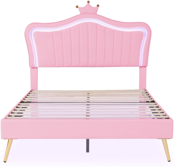 Kinder Polsterbett 140x200 cm LED-Bett mit Muschel-Kopfteil, Krone, Aufbewahrung, modernes Schlafzimmerbett Bild 8