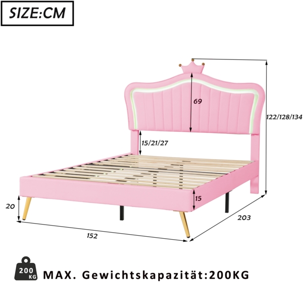 Kinder Polsterbett 140x200 cm LED-Bett mit Muschel-Kopfteil, Krone, Aufbewahrung, modernes Schlafzimmerbett Bild 7