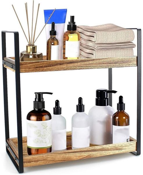HEYHIPPO Flaschenregal Lagerregal Gewürzregal Kosmetikregal Doppelschichtiges Holztablett, küchenregal stehend für arbeitsplatte kaffeeregal gewürzregal holz, Metallrahmen, Organizer für die Arbeitsplatte, L35 x H35 x B17 cm
