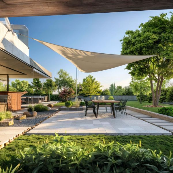BURI Sonnensegel Dreieckig 390 x 384 x 370 cm Grau / Beige / Creme | UV-Schutz 50+ & Wasserabweisend | Robustes Polyester mit Spannseilen | Ideal für Garten, Balkon, Terrasse & Camping