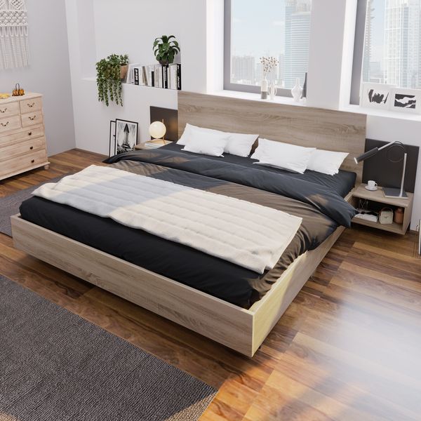 Bett 160x200 cm mit 2 Nachttischen, ohne Matratze, Sonoma-Eiche/Dunkelgrau, Massivholz