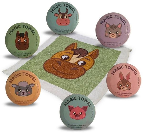 Bada Bing Handtuch Set Magisches Handtuch Kinder Zauberhandtuch Bauernhof Tiere Waschlappen, (6-St), 100% Baumwolle, Zauberhandtuch