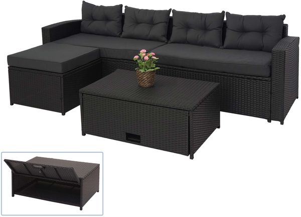 Poly-Rattan Garnitur HWC-J34, Balkon-/Garten-/Lounge-Set Sitzgruppe Sofa, Staufach ~ schwarz, Kissen dunkelgrau