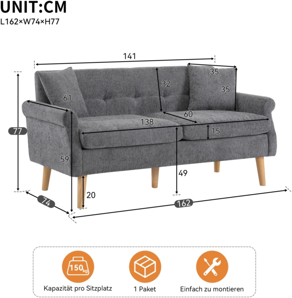 Merax Modernes Design, Polstermöbel, Chenille-Stoff, Doppelsofa, Polstersofa, Sofa mit dicken Kissen, geeignet für Wohnzimmer, Schlafzimmer, grau Bild 4