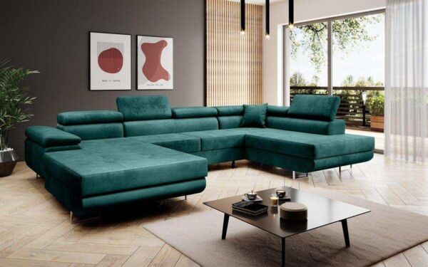 Designer Sofa Lago mit Schlaf - und Klappfunktion Grün Samt Rechts