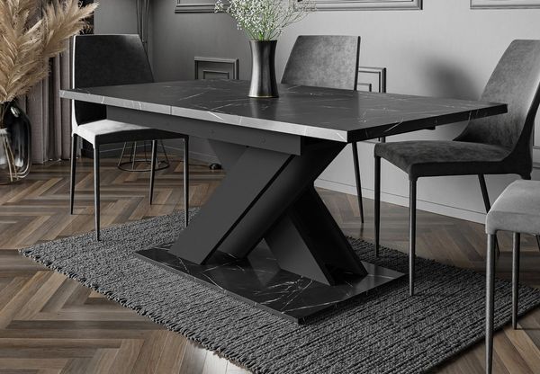 Home Collective Esstisch ausziehbar Tisch Küchentisch Esszimmertisch Ausziehtisch (Esszimmer Küche Wohnzimmer Esstisch erweiterbar), modernes Design mit X-Gestell, 140-180x80 cm Schwarz Marmor-Optik