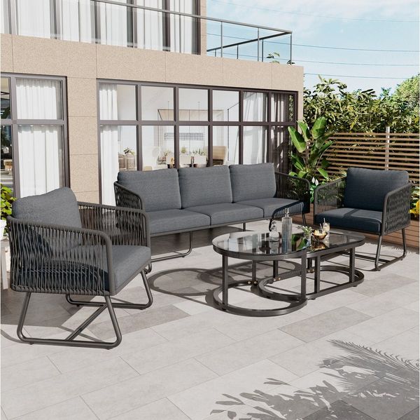 Celya Gartenlounge-Set Gartenmöbel-Set aus Seil 5 personen, mit esstisch, 5er-Set, (graues Seil, verstellbare Füße, Tischplatte aus glattem Glas, inklusive aller Sitz- und Rückenkissen), mit Rahmen aus verzinktem Eisen