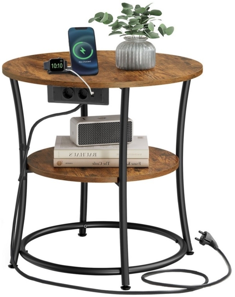 VASAGLE Beistelltisch rund, 2-stufiger Couchtisch mit Steckdosenleiste, Konsolentisch, Stahlrahmen, für kleine Räume, Wohnzimmer, Schlafzimmer, vintagebraun-tintenschwarz
