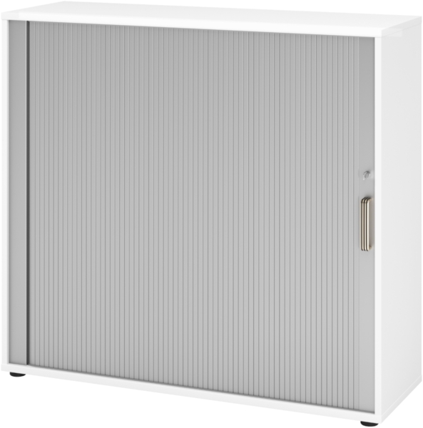 bümö Aktenschrank abschließbar mit Rollladen, Rollladenschrank für Ordner & Co. - Büroschrank mit Rollo, abschließbarer Ordnerschrank aus Holz in Weiß/Silber mit Streifengriff, 1733S-W-S-SG