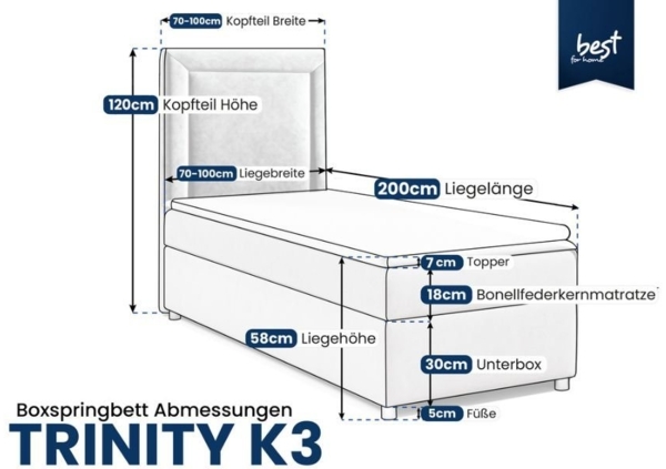 Best for Home Boxspringbett Trinity K-3 Boxspringbett mit Stauraum & Topper – Einzelgrößen (Einzelbett, Polsterbett mit gepolstertes Kopfteil, Jugendbett, Kinderbett versch. Größen, 70x200 80x200 90x200 100x200 cm), verschiedene Liefermöglichkeiten, Ha... Bild 2